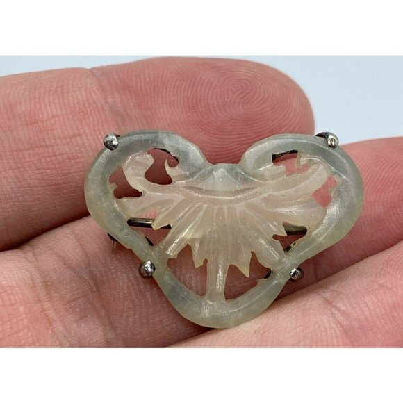 ANTIQUE CHINESE CARVED WHITE JADE HEART AMULET STERLING PRONGED BROOCH PIN
